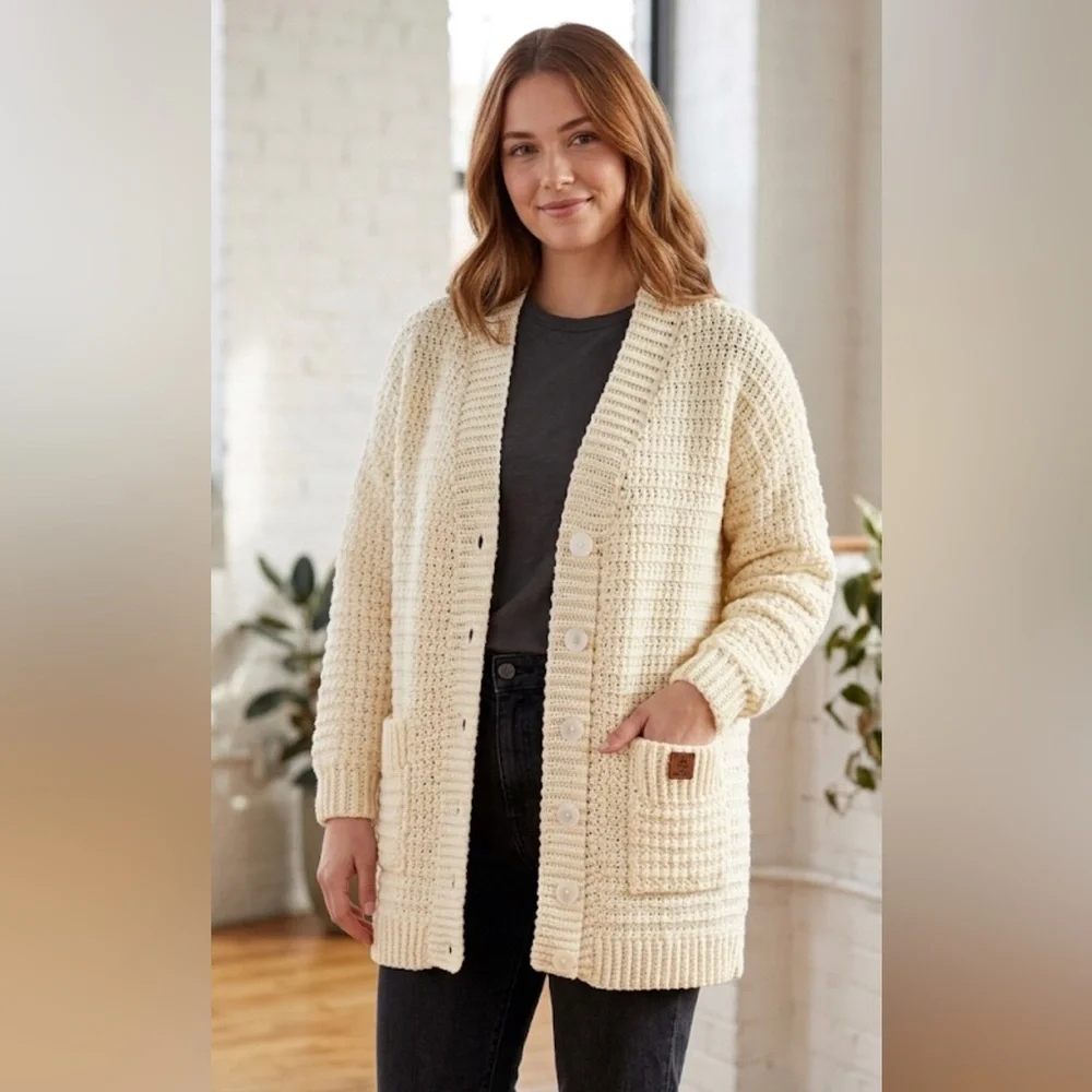 Hand-Made Crocheted Ivory Chunky Knit Cardigan Sweater